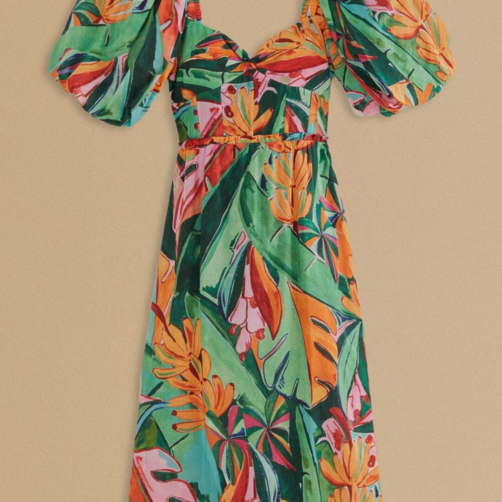 FARM Rio Green Tropical Print Midi Dress with Orange & Pink Accents - Picture 4 of 13
